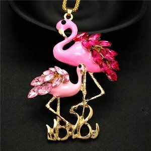 Beautiful Pink Enamel Diamond Rhinestone Mom & Baby FLAMINGO Pendant Necklace